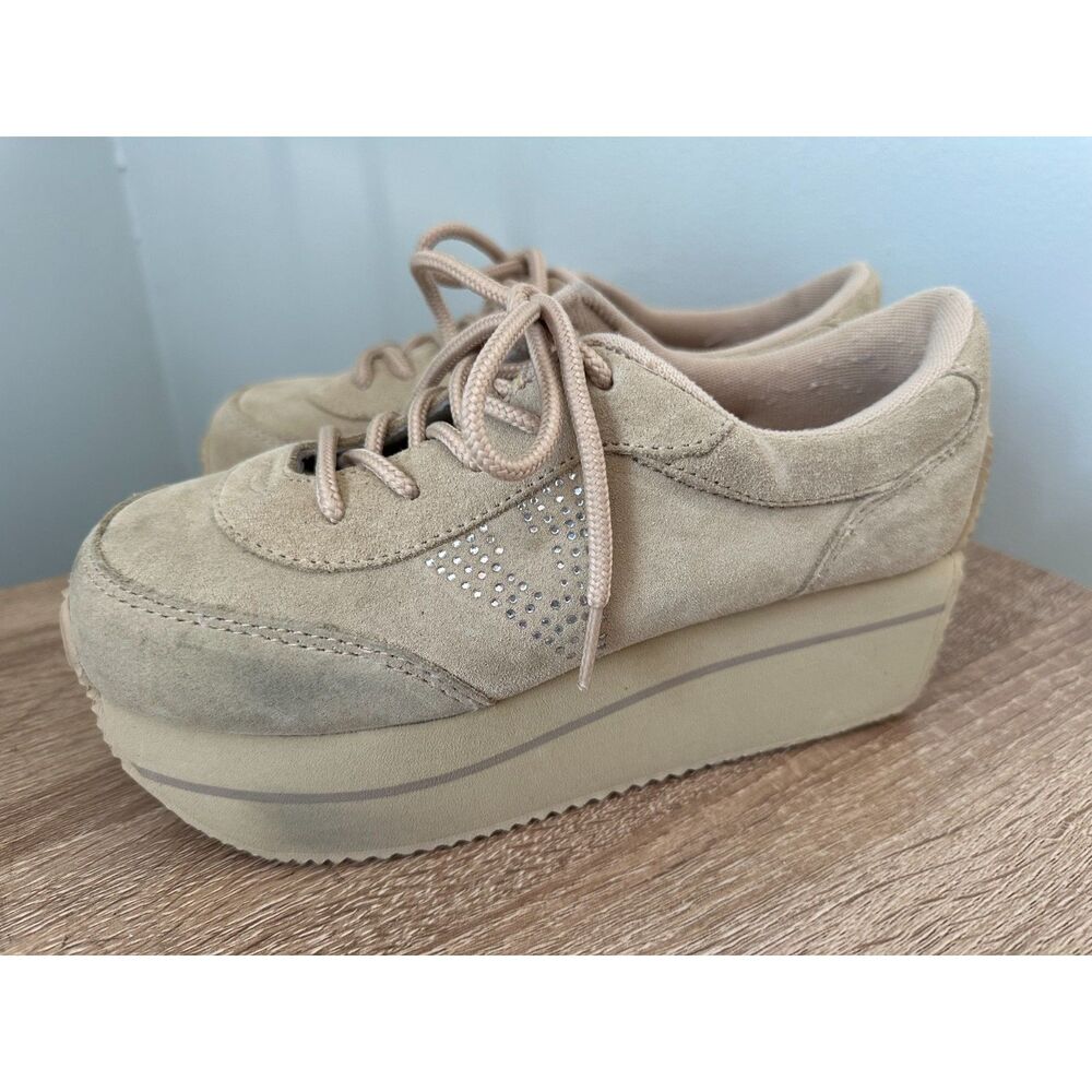 Volatile Expulsion Tan Suede Y2k Platform Sneakers Rhinestone V Logo size 7